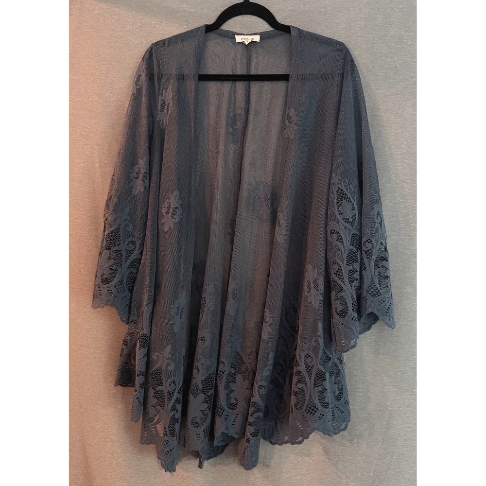 Paper + Tee Cardigan Womens Large Blue Excellent Floral Lace Mesh Sheer Kimono